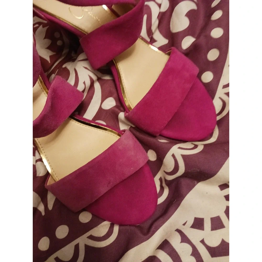 Jessica Simpson‎ Fuschia Suede Peep Toe Crossover Stiletto Heels, Size 8.5